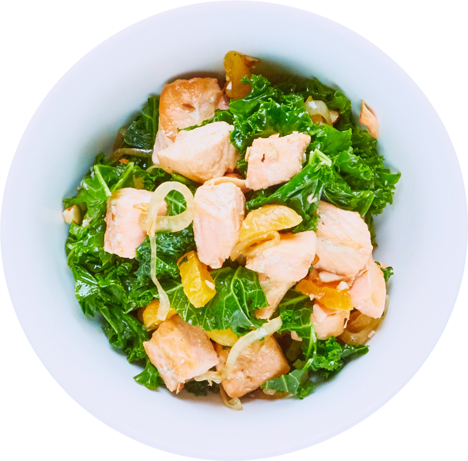 Kale Quinoa Bowl (w/ Olive Oil) with Apricots, Almonds & Seared Salmon